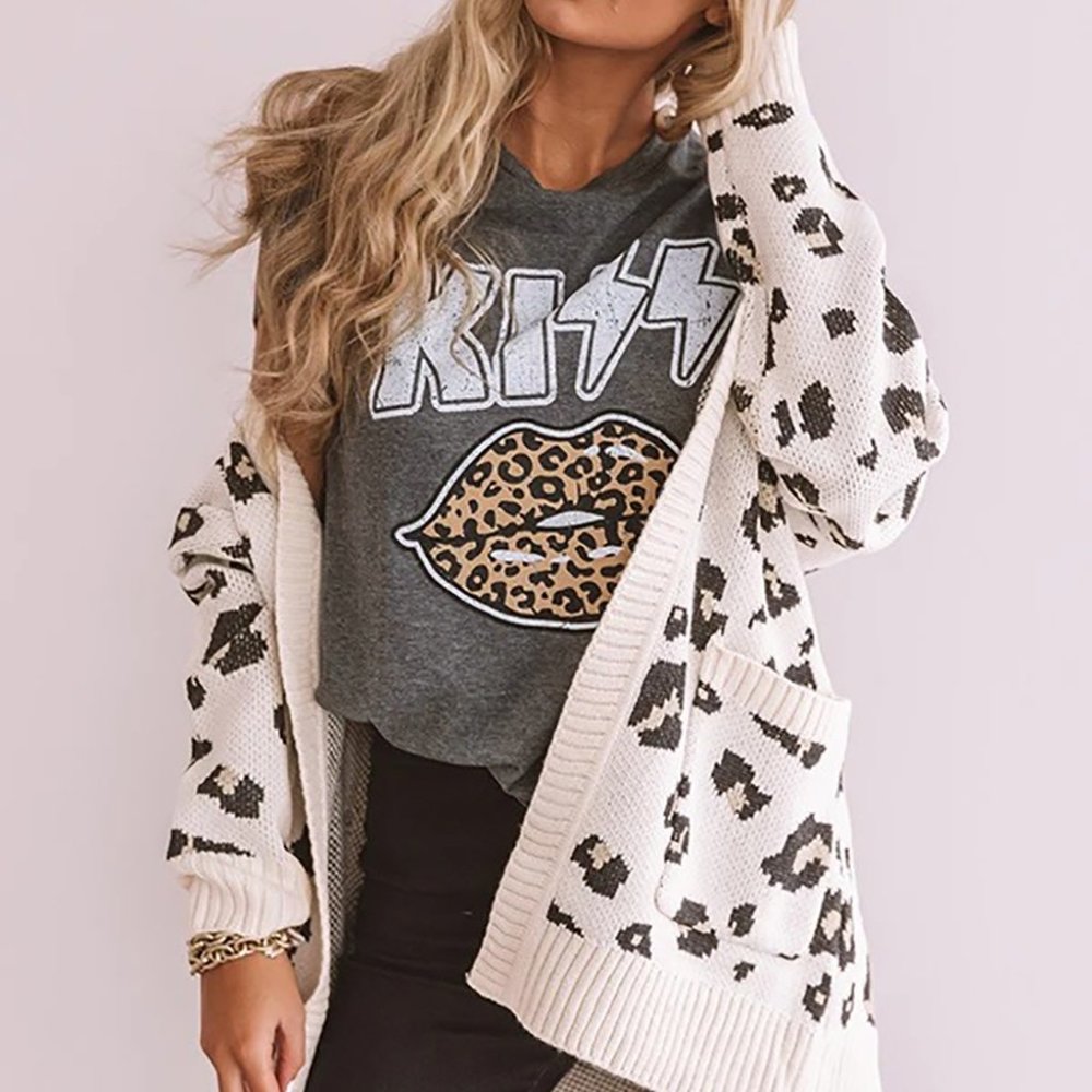 Grey KISS Leopard Lips T-Shirt Tee Top Shirt T Shirt TP4153